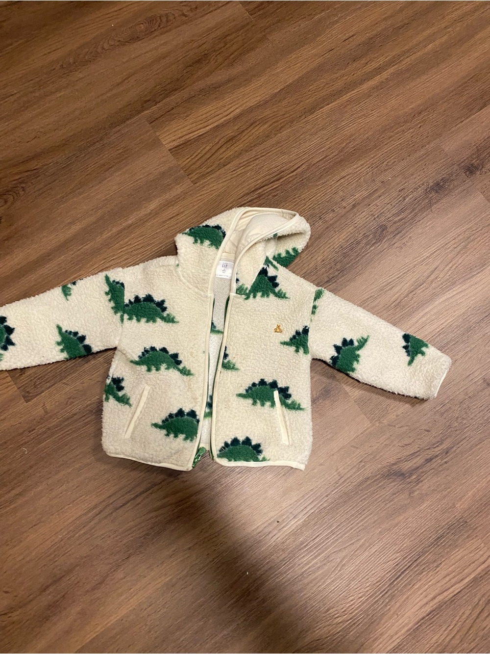 GAP Kids Cream Hooded Sherpa Jacket with Green Dinosaur Print 2Years